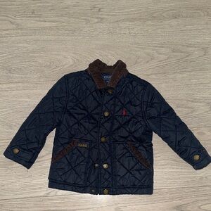 Polo by Ralph Lauren Boys' Quilted Navy Jacket with Brown Trim. Size 3 / 3T